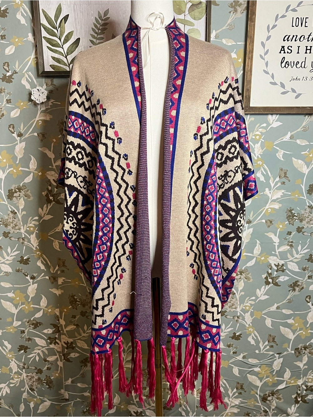 Flying Tomato Beige Poncho Shrug with Purple & Pink Accents